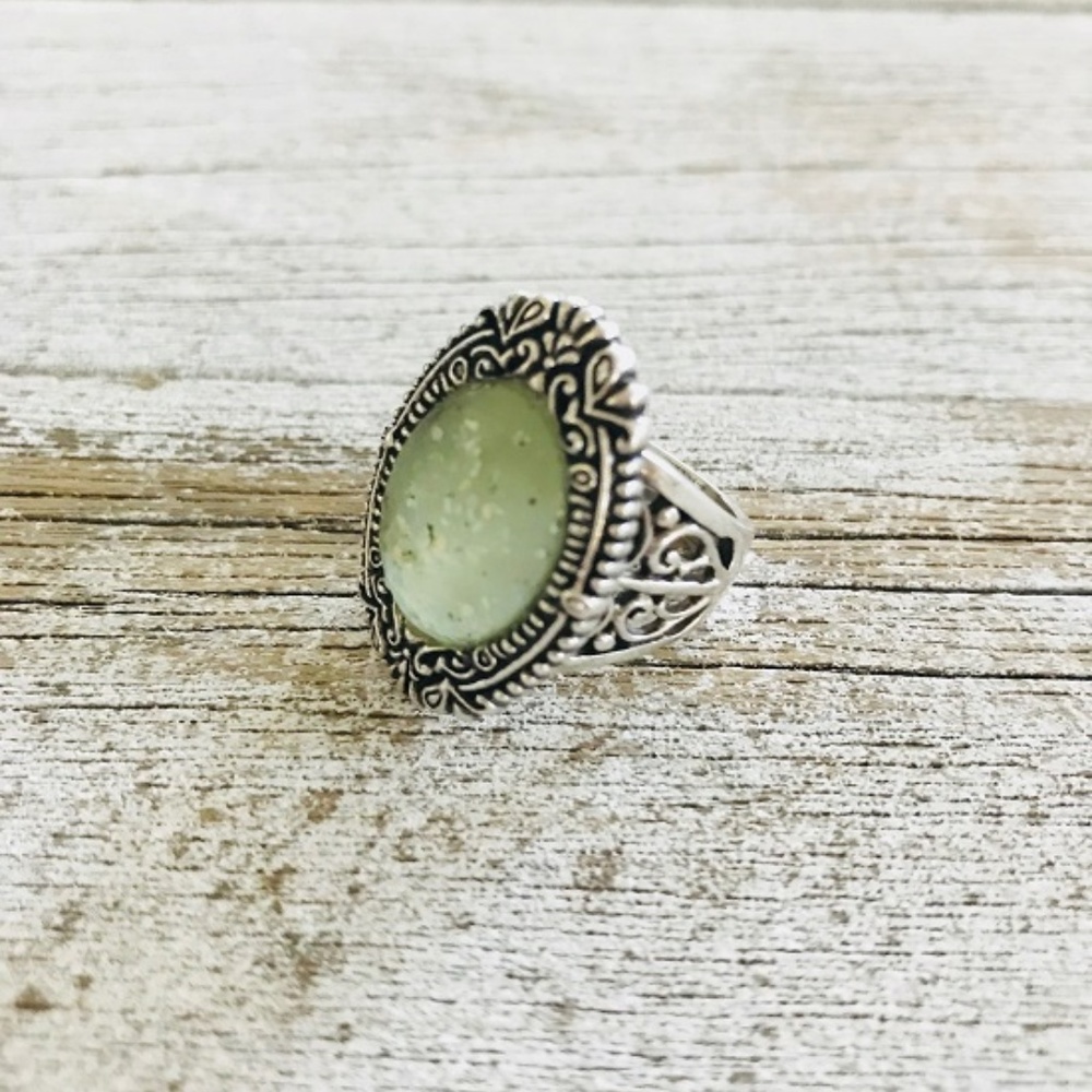 Boho Ornate Sterling Silver Roman Glass Ring